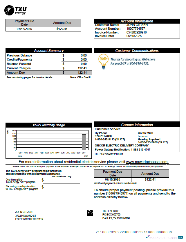 download download USA TXU Energy utility bill template in Word and PDF formats, version 2 PDF template PDF template